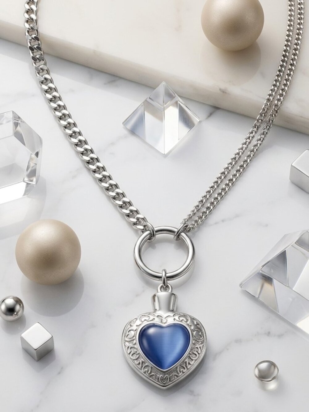 18k White Gold Plated 304 SS Blue Cat's Eye Heart Locket Pendant Necklace